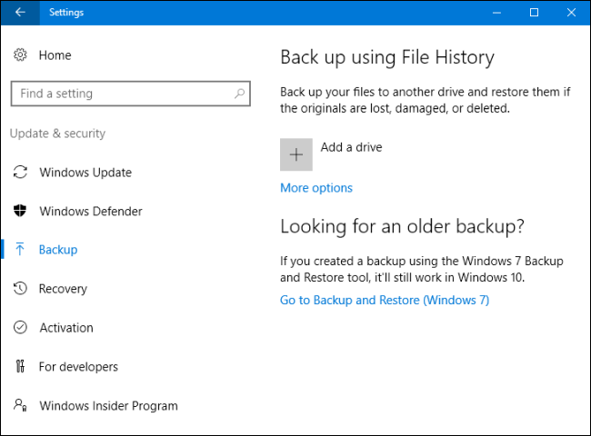 ripristino windows 10 con file history