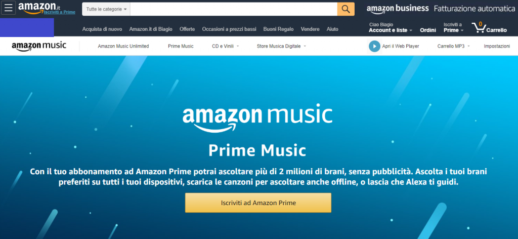 La pagina principale di Amazon Prime Music