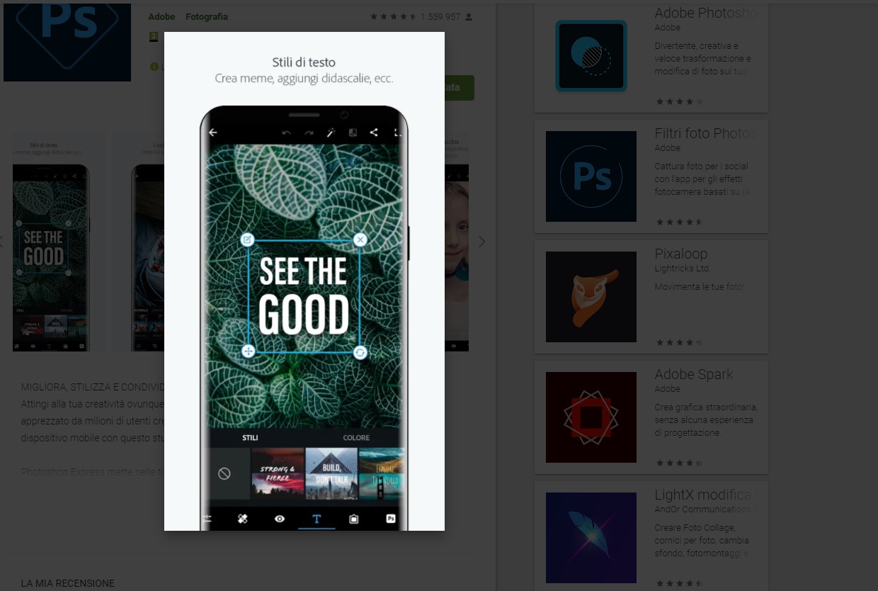 Un utente modifica una foto con Adobe Photoshop Express per smartphone 