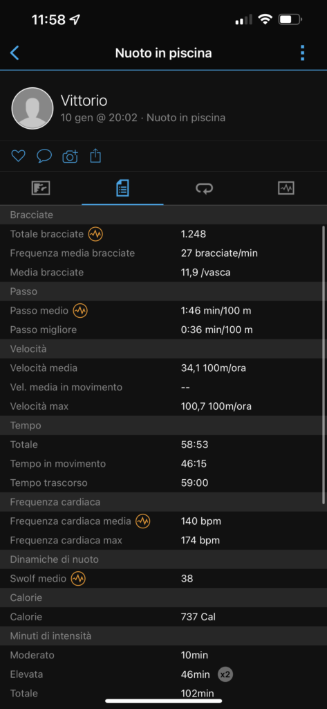 garmin venu 2 plus - app garmin connect - sport nuoto dati