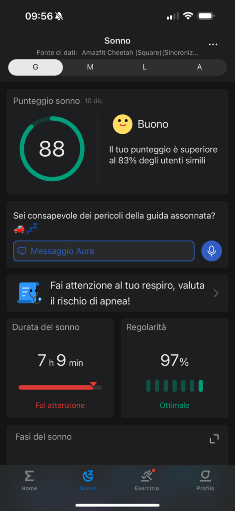 app zepp - Amazfit Cheetah Square - sonno